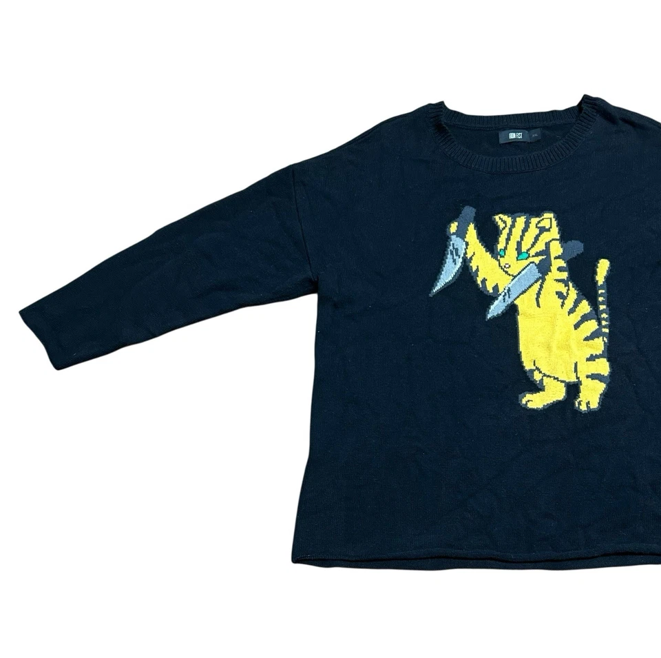 铁拳女式针织毛衣杀手猫带刀黑色尺寸 2XL 刺绣 — 第 2/4 张图片