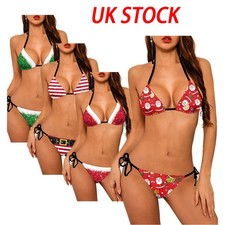UK Women Sexy Christmas Print Bikini Sets Santa Claus Bra with Briefs Swimsuit