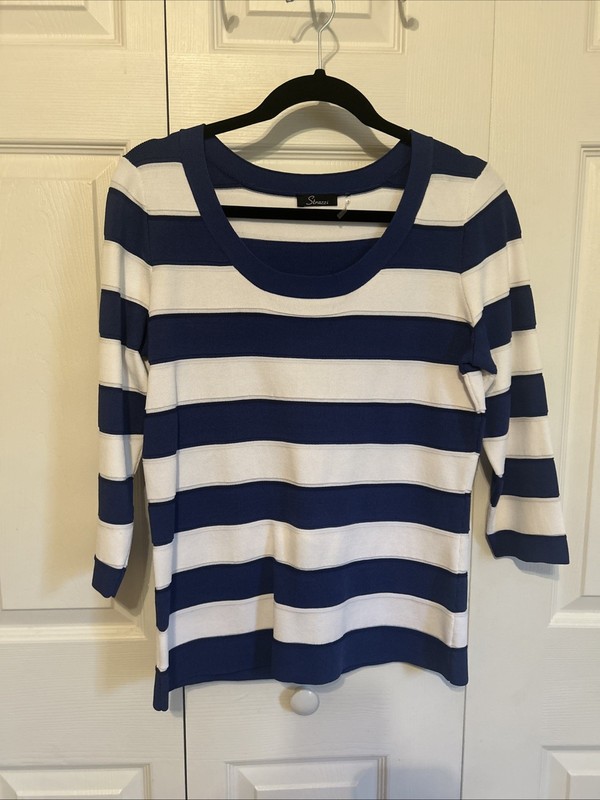 Strazzi Women's Blouse Sz L Blue/white Stripe Awesome Material Worn 1x love it!