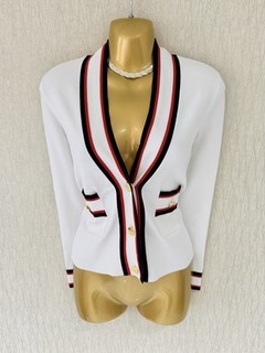 Exquisite Ted Baker White Placed Stripe Preppy Slim Fit Cardigan Uk10 Stunning