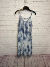 Easel white and blue tie dye fringe mini dress boho coastal chic retro Medium