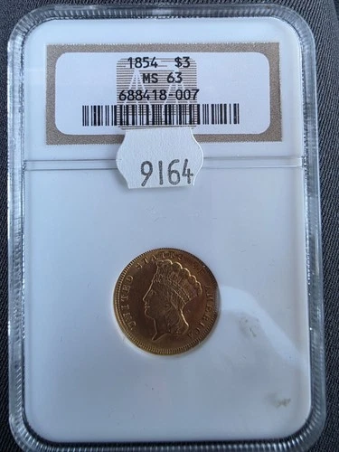 1854 $3 Indian Princess Head gold coin MS63