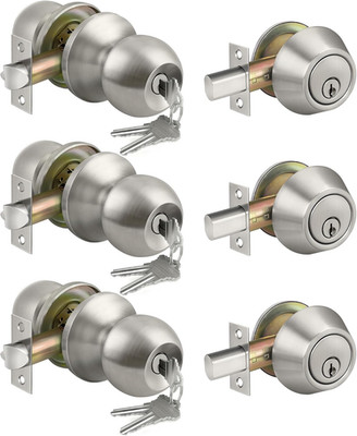 3 Pack Keyed Alike Exterior Door Knobs and Single Cylinder Deadbolts Combo Set,