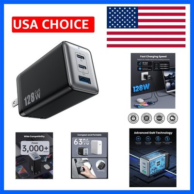 Compact 3-Port 128W USB C Fast Charging Station - Ideal for Laptops and Phones