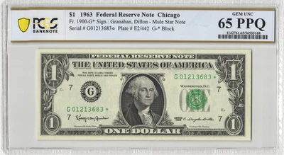 Fr.1900-G 1963 Chicago $1 Federal Reserve Star Note PCGS Gem Uncirculated 65 PPQ - Image 1 of 2