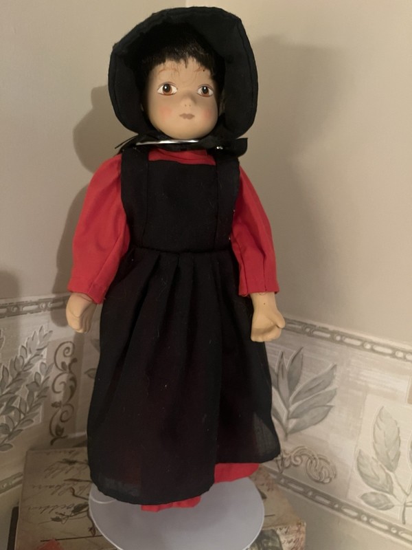 Vintage Amish Girl 13” Doll With Stand