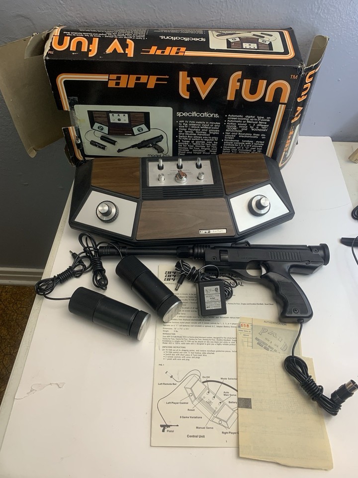A fully working 1970s APF TV Fun 402 with its original light gun, both controllers, and manual — this is a piece of gaming prehistory that predates Atari 2600 and will stop anyone in their tracks.