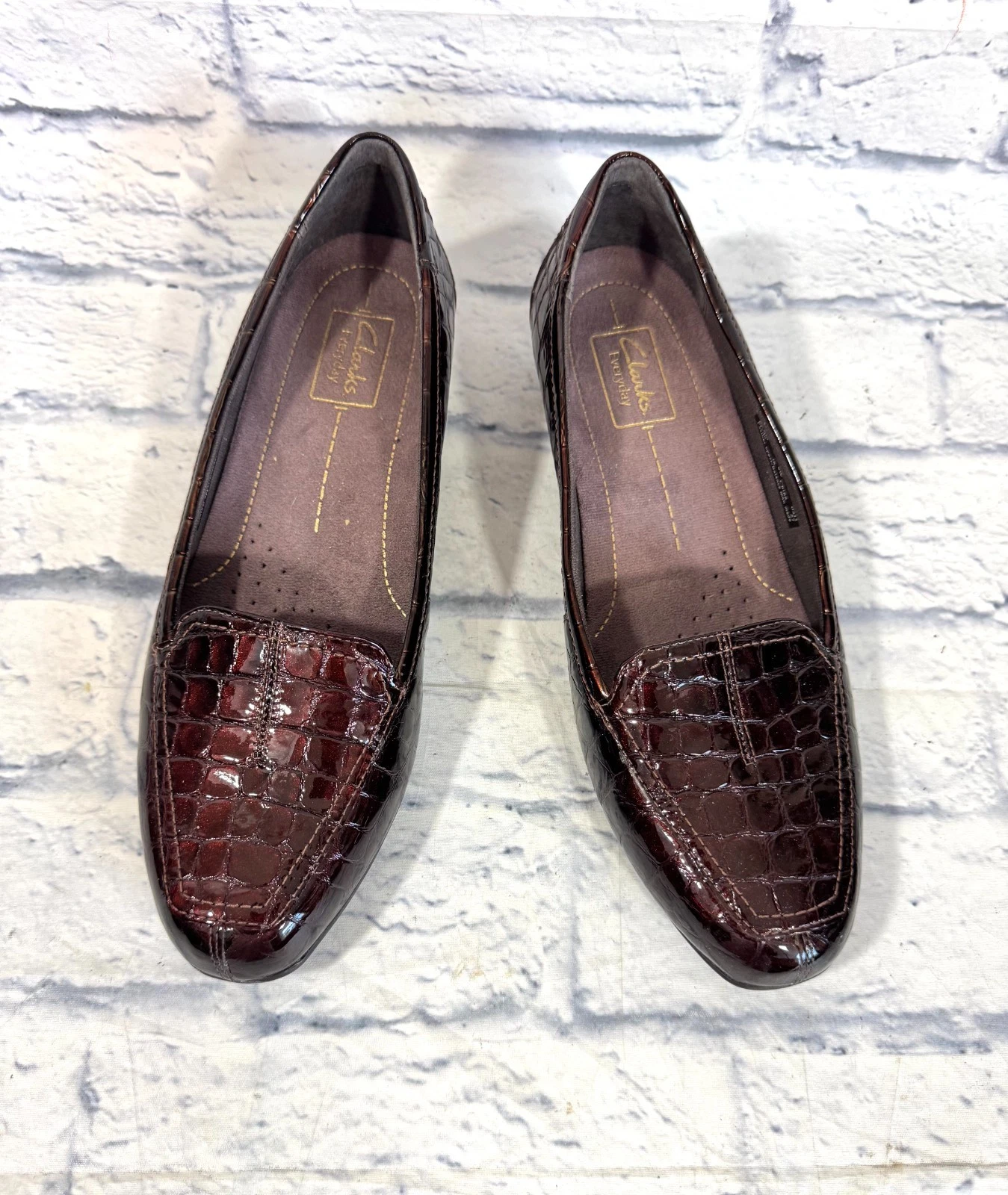 Scarpe mocassino Clarks donna 9W slip on ballerine pelle di coccodrillo bordeaux