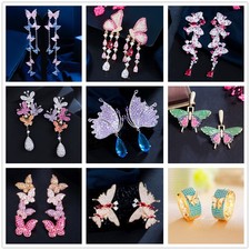 Zircon Women Butterfly Earrings Dangle Drop Hoop Huggie Stud Gold Plated Jewelry