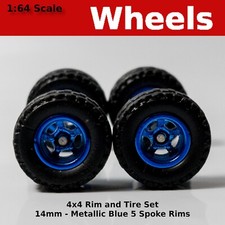 14mm 4x4 Truck Tire Sets - Blue Blackwall 5 Spoke For Hot Wheels