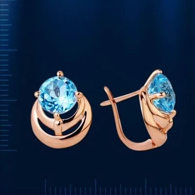 Russische Rose Rotgold 585 Ohrringe mit hellblau Topas 5.08g 15mm - Bild 1 von 3