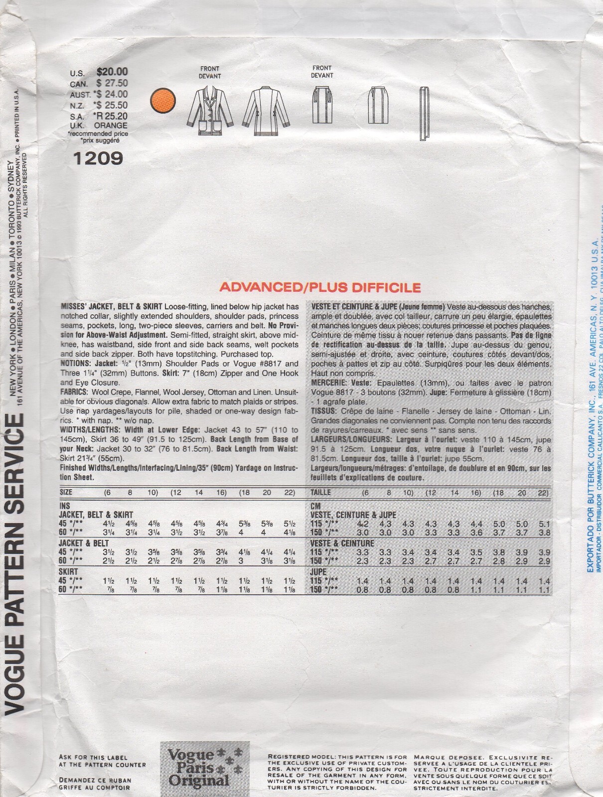 Giacca e gonna motivo cucito Vogue 1209 Yves Saint Laurent taglia 6 8 10 NUOVO