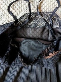 Black vintage 50's pin up retro sheer accordion lace sexy lingerie long slip M