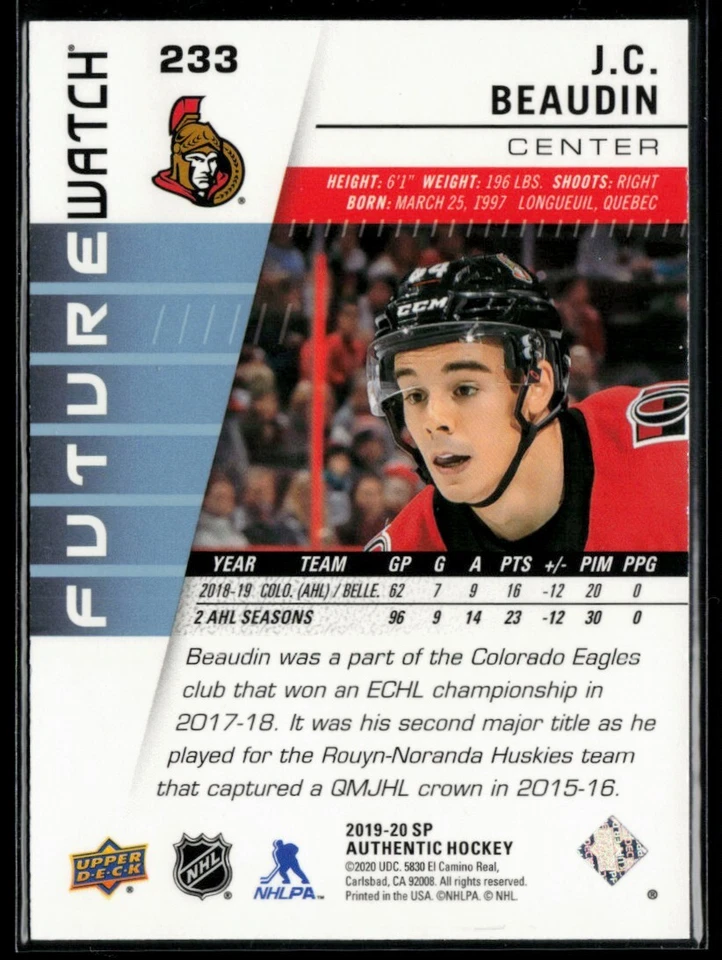 2019-20 SP Authentic J.C. Beaudin RC 514/999 #233 - Image 2 of 2