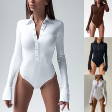 Women Long Sleeve Leotard Bodysuit Top Ladies Button Stretch Body Top Tee Shirt
