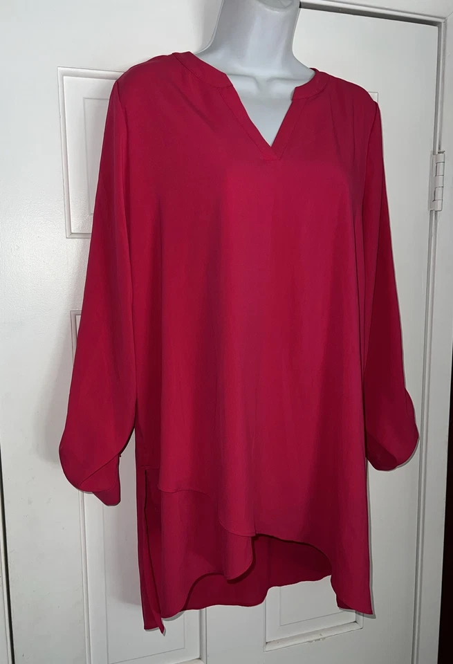 Susan Graver Top Womens Size 10 Pink Tunic Hi Low Long Sleeve Roll Tab V Neck - Image 3 of 4