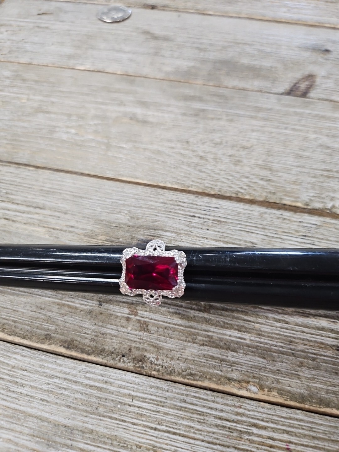 Sterling Silver Ring Rectangle Cut Lab Ruby Sz 8 - image 6