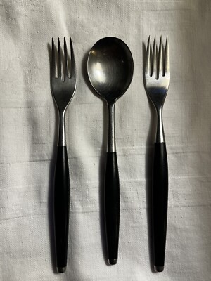 WALLIN / HELLE Sweden - Black SAFIR -  MCM 2 Dessert Forks & 1 Teaspoon 17/18 Cm