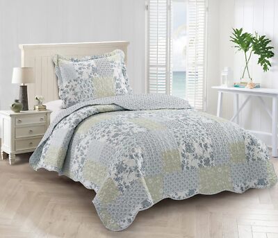 Multi Blue and Beige Floral Patchwork, 2-Piece Quilt Set with 1 Sham, Reversi...
