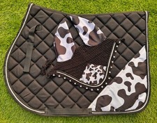 COW PRINT SADDLE PAD SET ENGLISH SADDLE PAD WITH MATCHING FLY BONNET