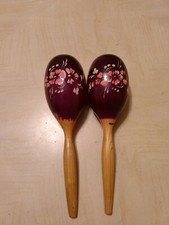 Vintage Maracas Percussion Instrument Music Wood Purple Floral Caribbean