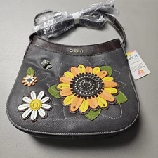 NEW CHALA INK GREY SUNFLOWER BEE CRESCENT CROSSBODY TOTE BAG PURSE FAUX LEATHER