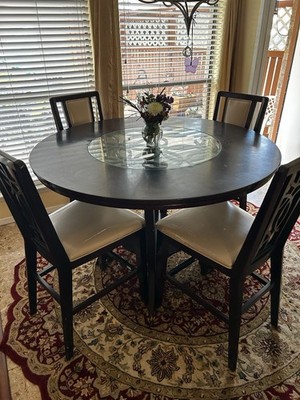 Round Dining Table Set, Glass Insert, 4 Chairs, Dark Wood, Beige Faux Leather