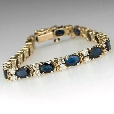 14K Yellow Gold Plated 8Ct Oval Cut Lab Created Blue Sapphire Tennis Bracelet