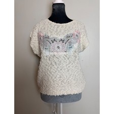 Vintage Ivory Knit Sweater Floral Lace Applique Cottagecore granny coquette