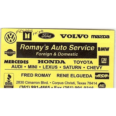 Romay's Auto Service F Romay Corpus Christi TX Vintage Business Card STK2-BC3-7