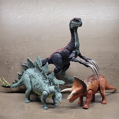 3 Jurassic World Dinosaurs Lot Sound Slash Therizinosaus Stegosaurus Triceratops