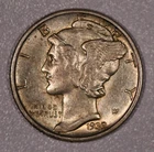 1939-D "Mercury" Silver One-Dime Coin, Almost Uncirculated