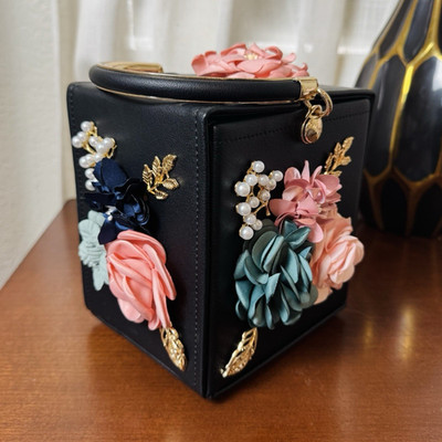 Cube Top Handle Bag with Multi Color Floral Appliqué and Gold Hardware