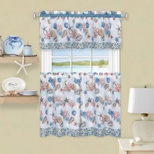 3-Piece Window Kitchen Curtain Set, Corals Seeshells, Tier Pair Panels, Valance