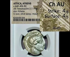 Near Full Crest 440-404 BC Attica Athens Ancient Silver Tetradrachm NGC Ch AU