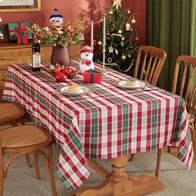 Christmas Gold Line Plaid Polyester Wrinkle-Resistant Washable Reusable Tableclo