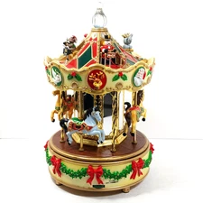 Christmas St Nicholas Merry Go Round Light & Sound Animated 12"H Carousel Video
