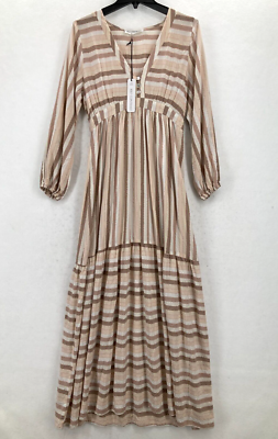 Self Contrast Sophia Stripe Maxi Dress Small Beige Brown Prairie Babydoll  Boho | eBay
