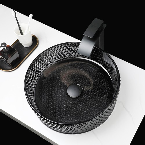 Black Bathroom Vessel Sink Round Tempered Glass Basin Mixer Deck Mount Drain Tap - Picture 3 of 13