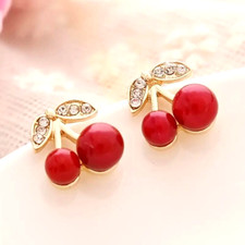 Red Cherry Earrings Shiny Zircon Decor Cute Stud Jewelry Women Holiday Gift New