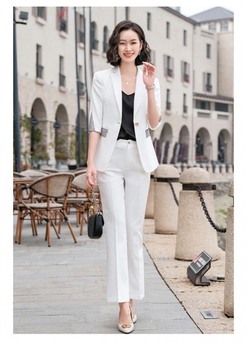 Tailleur completo donna giacca pantaloni maniche tre quarti lucido bianco  T005 | eBay
