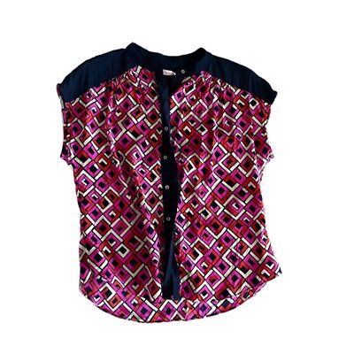 Alice & Trixie silk Geometric Pink/navy Button up  blouse Short Sleeve Medium