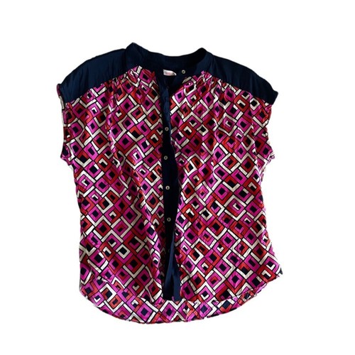 Alice & Trixie silk Geometric Pink/navy Button up blouse Short Sleeve Medium