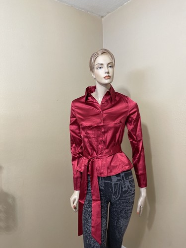 Women’s Burgundy Satin Polyester Casual Long Sleeve Size L Button Up Shirt Top - Picture 2 of 12