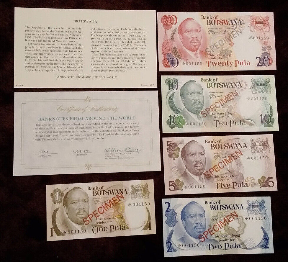 BOTSWANA 1979 1 - 20 Pula Complete 5 Specimen Set CS1 P 1-5 BOTSWANA 1979 1 - 20 Pula Complete 5 Specimen Set CS1 P 1-5