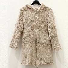 ADRIENNE LANDAU Real Rabbit Fur Beige Mid-length Full Zip Hooded Coat Size S