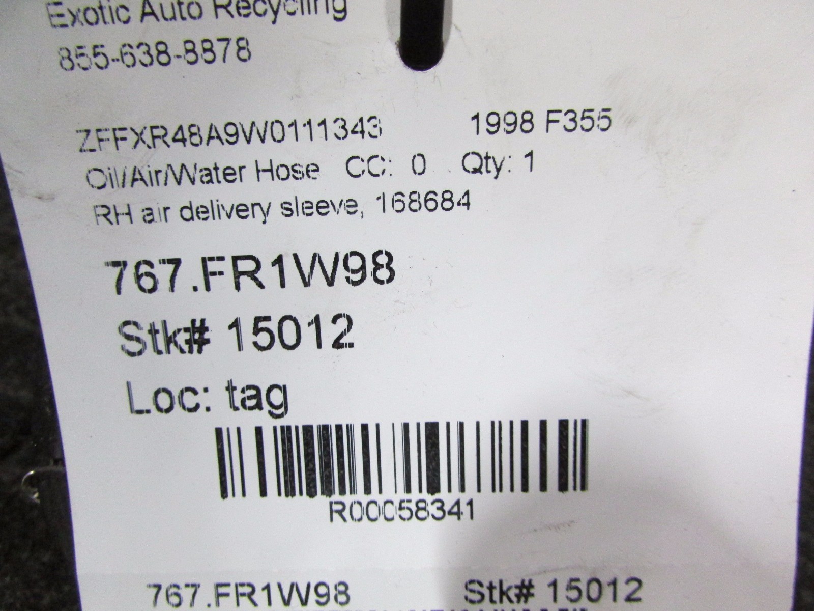 Ferrari F355, RH Right Air Delivery Sleeve, Used, P/N 168684