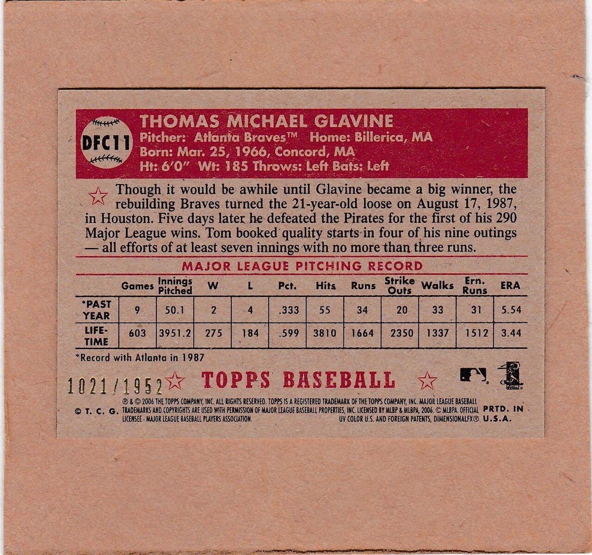 2006 Topps '52 Debut Flashback Chrome 1021/1952 Tom Glavine #DFC11