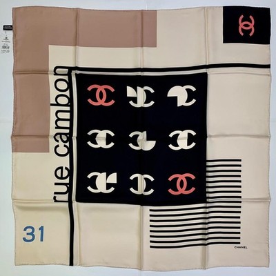 CHANEL Scarf Beige Black Silk Logo Design Women France 125572 | eBay