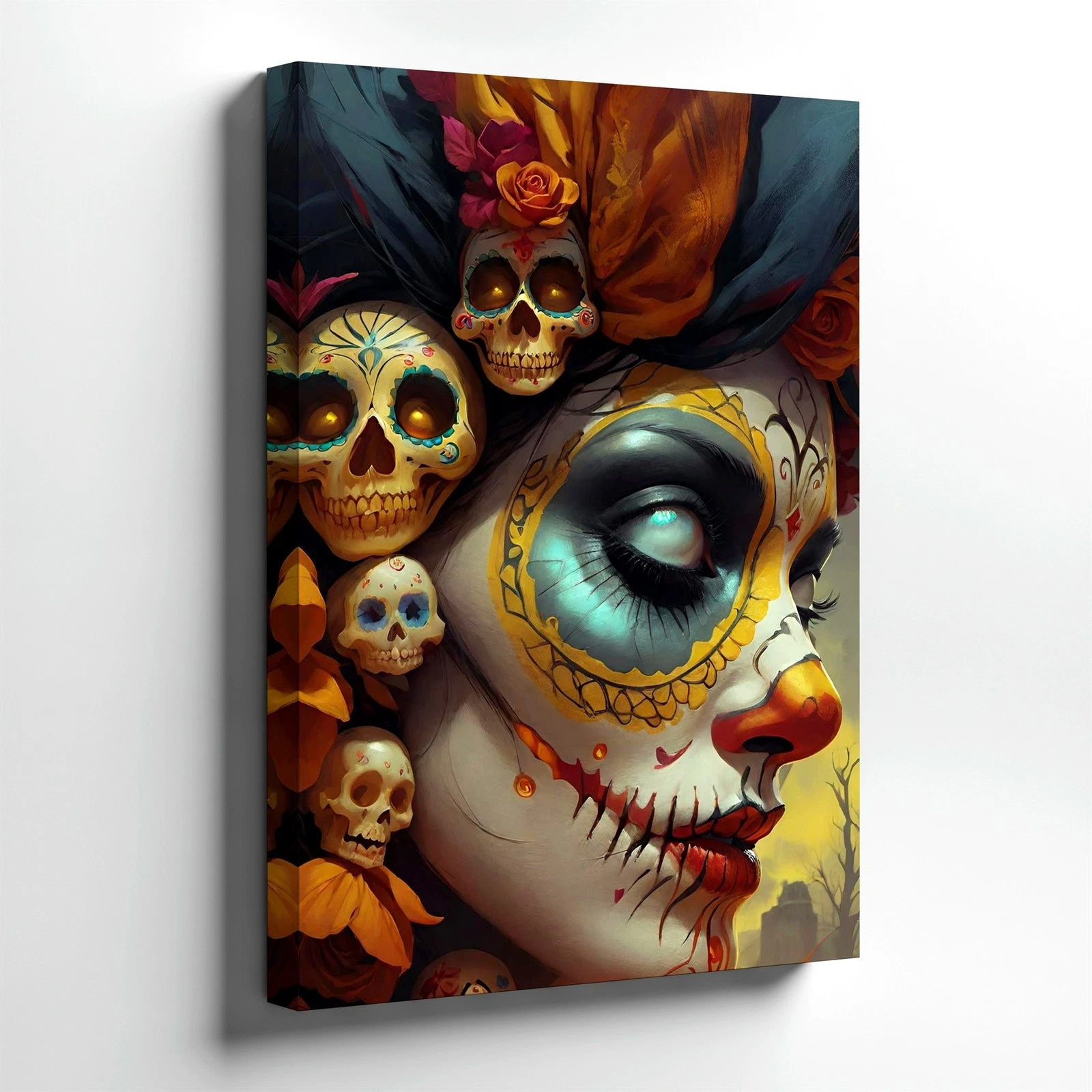 Wall Art Day of the Dead Sugar Skull Woman Gothic Floral Portrait Canvas Poster